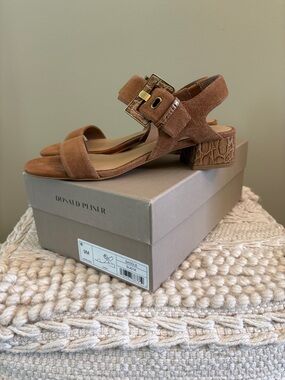 Donald J. Pliner Saddle Suede Block Heel Sandals with Gold Buckle